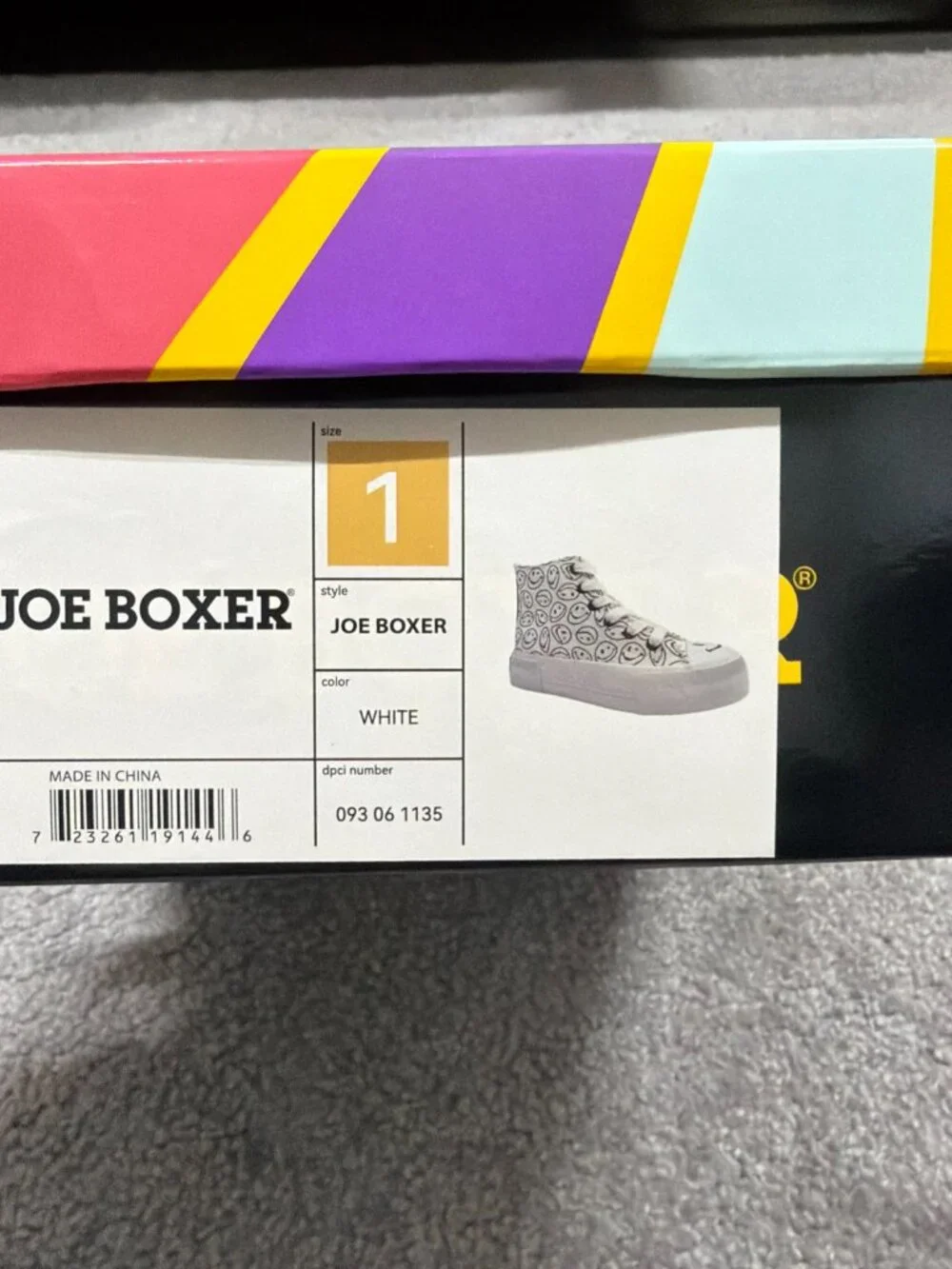 Joe Boxer Smiley Face Kid's Size 1 High Top Canvas Sneakers White